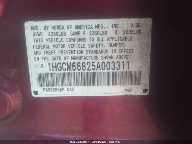 2005 HONDA ACCORD SDN EX-L V6 WITH NAVI VIN: 1HGCM66825A003311