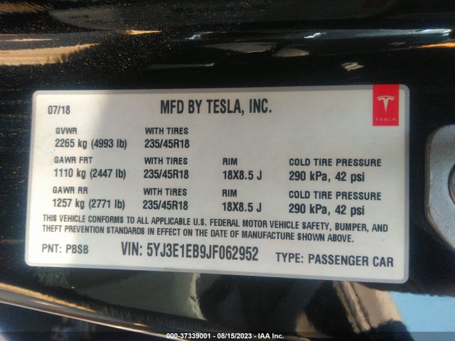Tesla Model 3 Long Range 2018 5YJ3E1EB9JF062952 Image 9