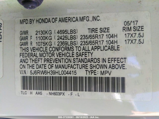 Honda CR-V LX 2017 5J6RW6H39HL004415 Image 9