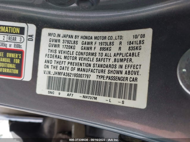 2009 HONDA CIVIC HYBRID VIN: JHMFA36219S007797