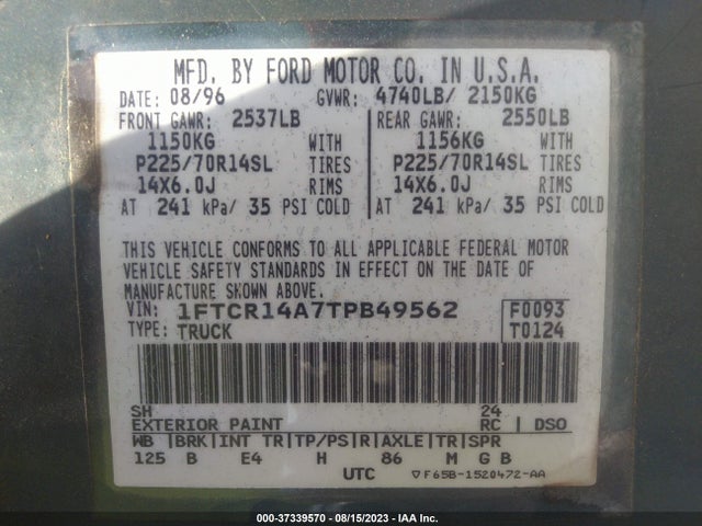 1996 FORD RANGER SUPER CAB VIN: 1FTCR14A7TPB49562