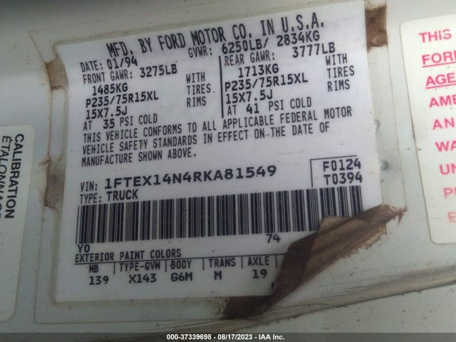 1994 FORD F150 VIN: 1FTEX14N4RKA81549