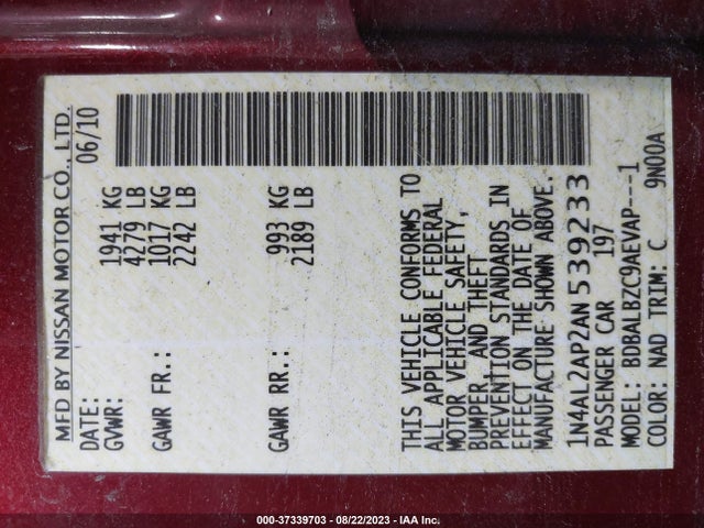 2010 NISSAN ALTIMA 2.5 S VIN: 1N4AL2AP2AN539233