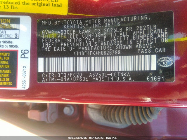 2017 TOYOTA CAMRY XLE/SE/LE/XSE VIN: 4T1BF1FK4HU626799