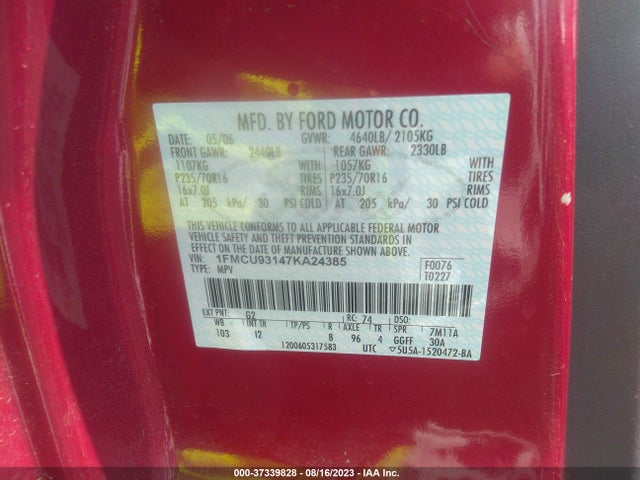 2007 FORD ESCAPE XLT VIN: 1FMCU93147KA24385