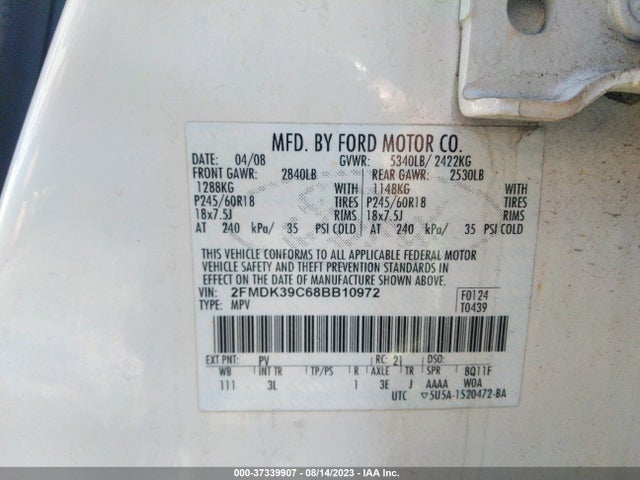 2008 FORD EDGE LIMITED VIN: 2FMDK39C68BB10972