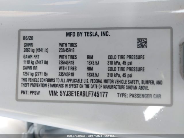 5YJ3E1EA9LF745177 Tesla Model 3 Standard Range