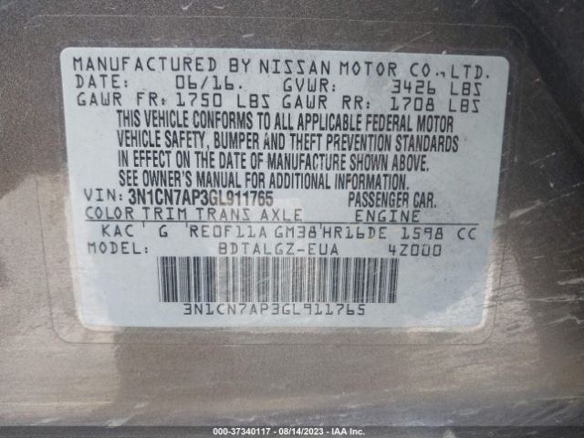 3N1CN7AP3GL911765 Nissan Versa Sl