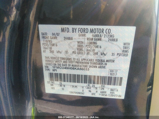 2008 FORD ESCAPE HYBRID VIN: 1FMCU49H08KA56033