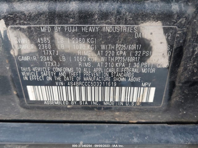 2013 SUBARU OUTBACK 2.5I PREMIUM VIN: 4S4BRCCC5D3211619