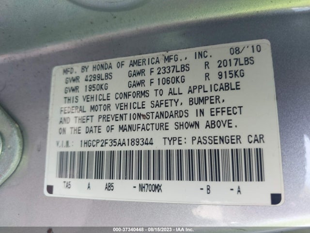 2010 HONDA ACCORD 2.4 LX VIN: 1HGCP2F35AA189344