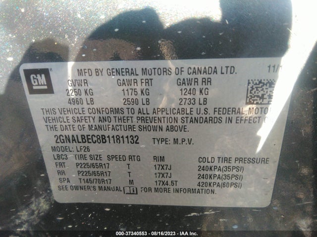 2011 CHEVROLET EQUINOX LS VIN: 2GNALBEC8B1181132