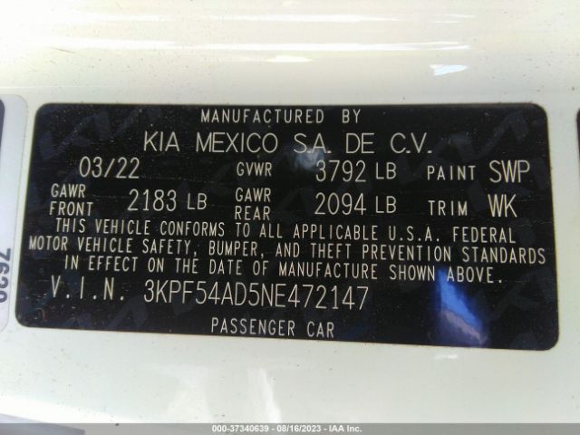 3KPF54AD5NE472147 KIA Forte Gt-line