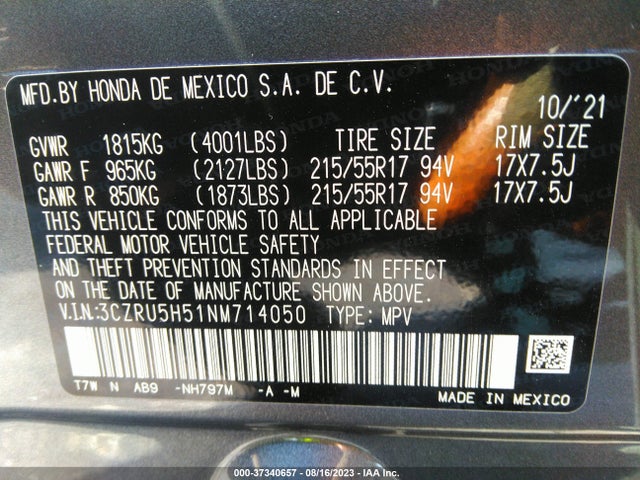 Honda HR-V EX 2022 3CZRU5H51NM714050 Image 9