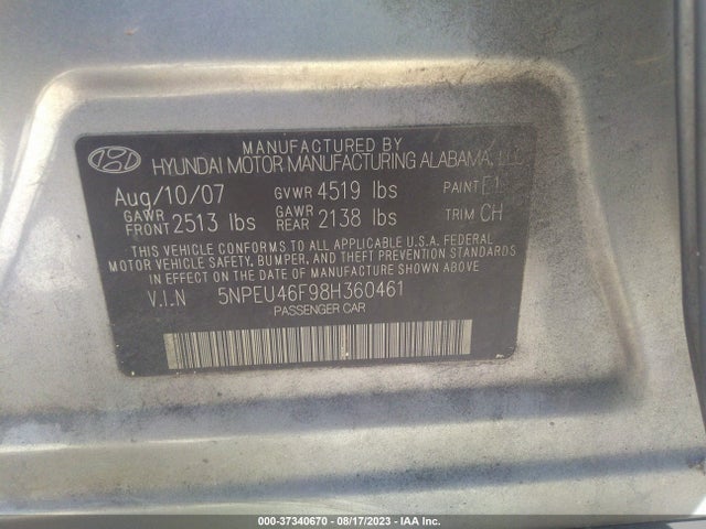 2008 HYUNDAI SONATA SE/LIMITED VIN: 5NPEU46F98H360461