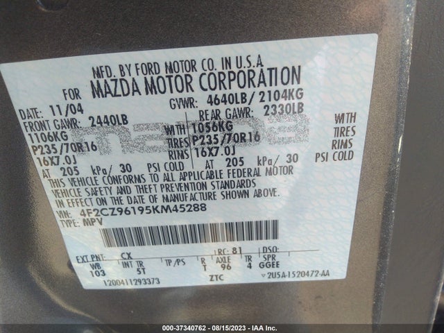 2005 MAZDA TRIBUTE S VIN: 4F2CZ96195KM45288