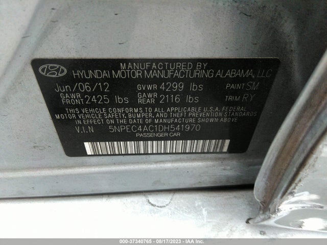 2013 HYUNDAI SONATA LIMITED PZEV VIN: 5NPEC4AC1DH541970