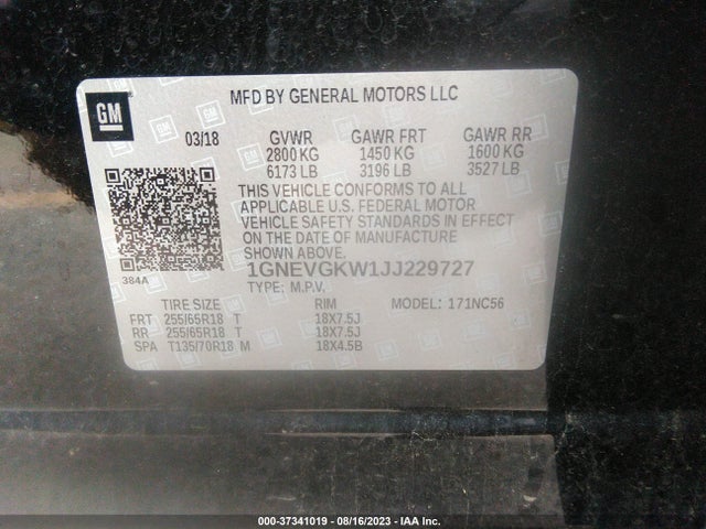 Chevrolet Traverse Lt Cloth 2018 1GNEVGKW1JJ229727 Image 9