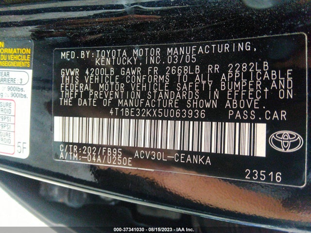 2005 TOYOTA CAMRY STD/LE/SE/XLE VIN: 4T1BE32KX5U063936
