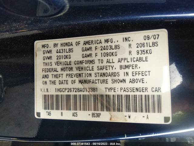 2008 HONDA ACCORD SDN EX VIN: 1HGCP26728A013381