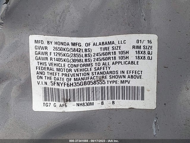 Honda Pilot Ex 2016 5FNYF6H35GB058555 Image 9