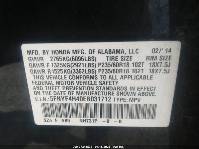 Honda Pilot Ex 2014 5FNYF4H40EB031712 Image 9