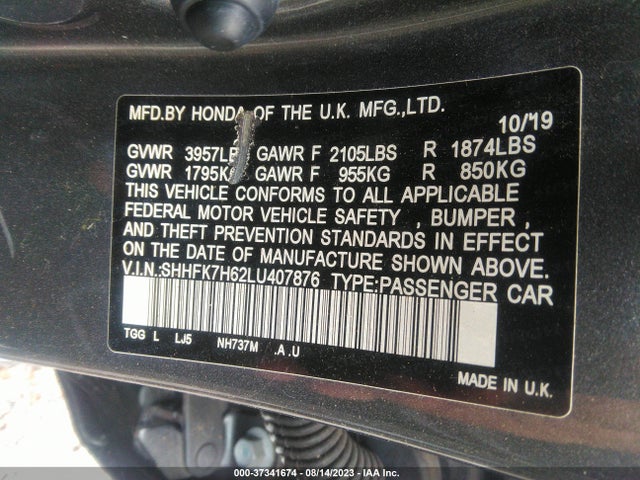 Honda Civic Hatchback Ex 2020 SHHFK7H62LU407876 Image 9