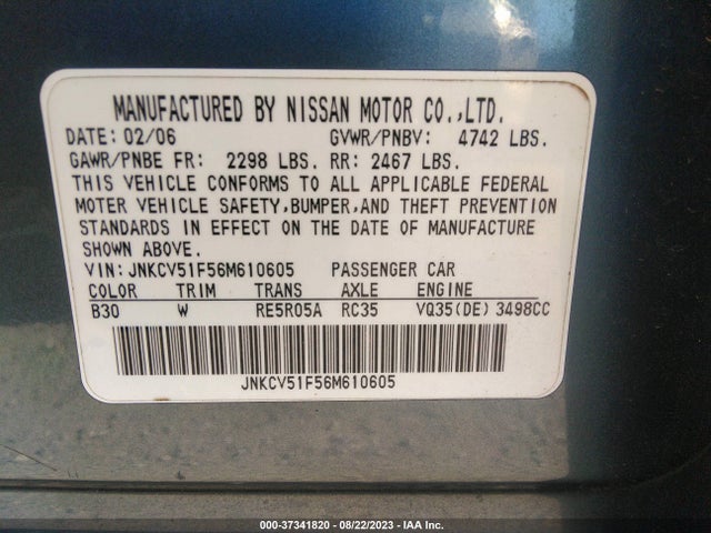 2006 INFINITI G35 SEDAN VIN: JNKCV51F56M610605