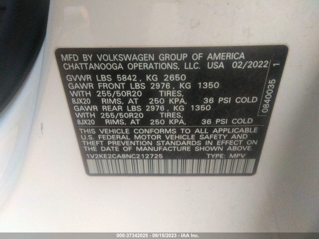 1V2KE2CA8NC212725 Volkswagen Atlas Cross Sport 3.6l V6 Se W/technology
