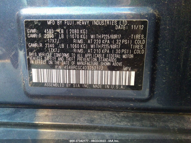 2013 SUBARU OUTBACK 2.5I PREMIUM VIN: 4S4BRCGC4D3252172