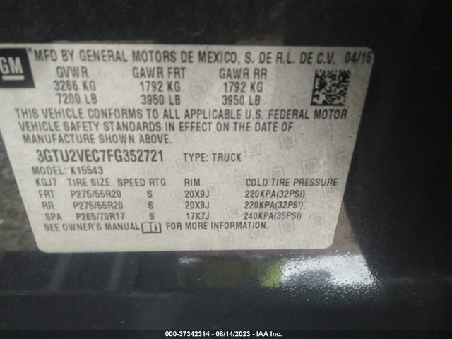 2015 GMC SIERRA 1500 SLT VIN: 3GTU2VEC7FG352721