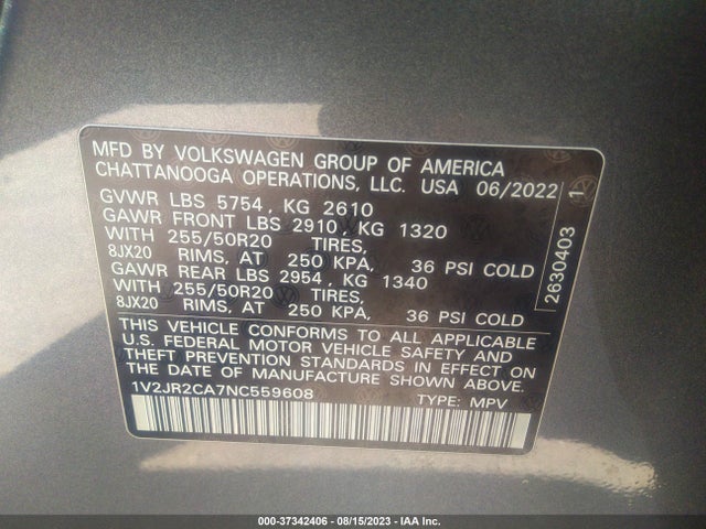 1V2JR2CA7NC559608 Volkswagen Atlas 3.6l V6 Se W/technology