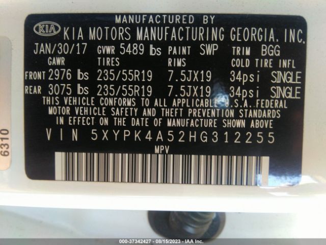 5XYPK4A52HG312255 KIA Sorento Sx V6
