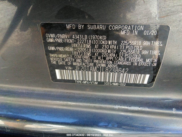 2020 SUBARU CROSSTREK LIMITED VIN: JF2GTAMC1L8238642