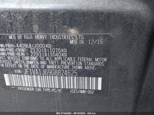 Aukcja sprzedaży 2016 Subaru Wrx Limited, vin: JF1VA1J69G8824625, numer aukcji: 37342452