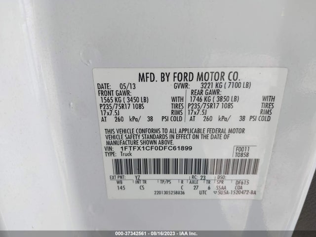 2013 FORD F-150 XL/STX/XLT/FX2/LARIAT VIN: 1FTFX1CF0DFC61899
