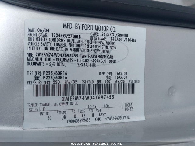 2004 MERCURY GRAND MARQUIS GS VIN: 2MEFM74W04X697455