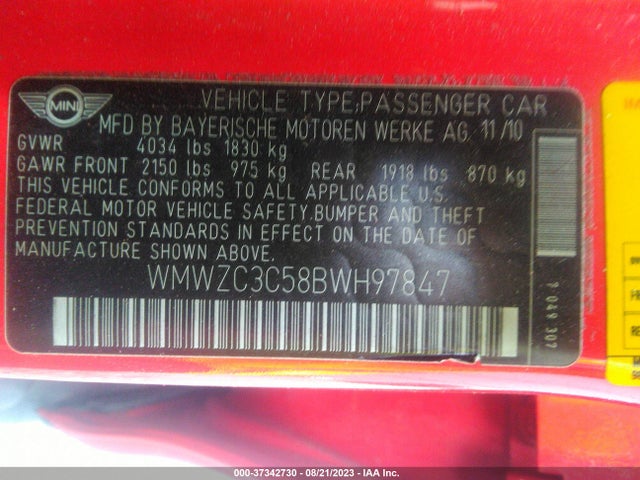 2011 MINI COOPER S COUNTRYMAN WMWZC3C58BWH97847 Photo 8