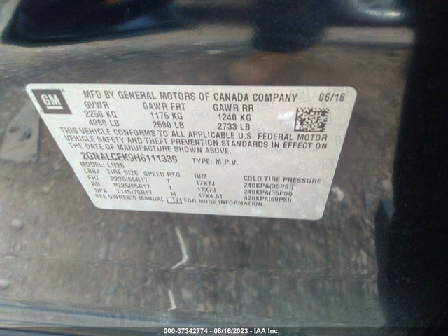 Chevrolet EQUINOX LT 2017 2GNALCEK9H6111339 Image 9