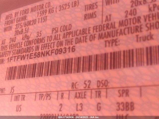 1FTFW1E58NKF09316 Ford F-150 Xl/xlt/lariat