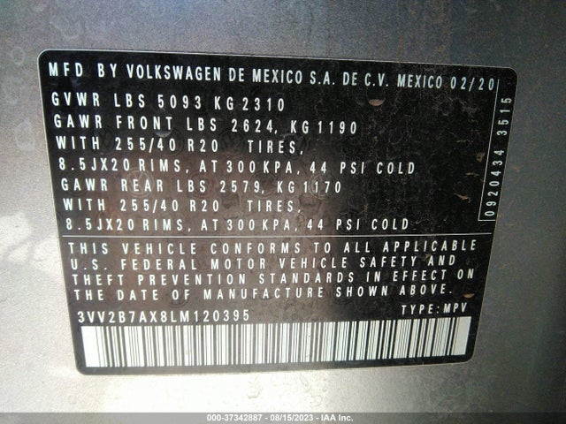 3VV2B7AX8LM120395 Volkswagen Tiguan Se/sel/se R-line Black