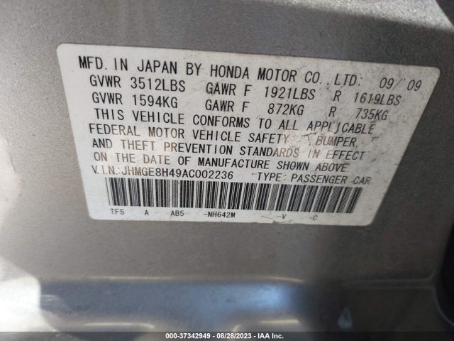 2010 HONDA FIT SPORT VIN: JHMGE8H49AC002236