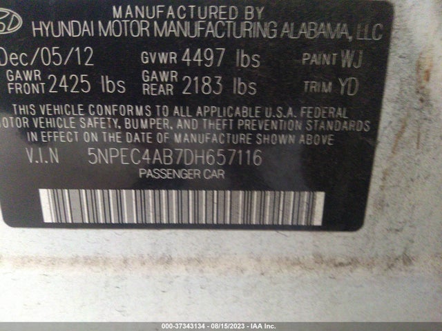 2013 HYUNDAI SONATA LIMITED VIN: 5NPEC4AB7DH657116