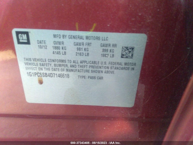 2013 CHEVROLET CRUZE 1LT VIN: 1G1PC5SB4D7146618