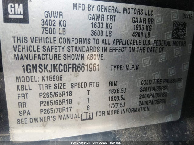 Chevrolet Suburban Lt 2015 1GNSKJKC0FR661961 Image 15