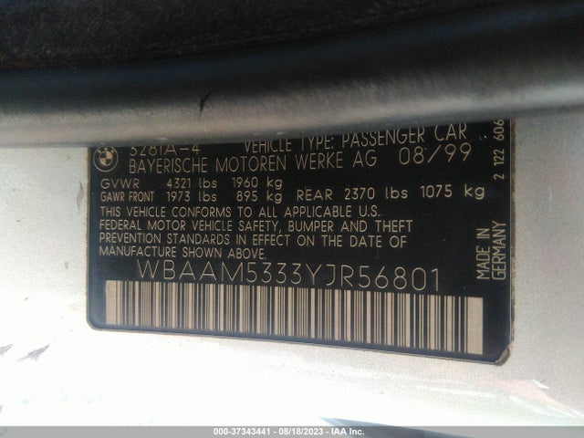 2000 BMW 3 SERIES 328I VIN: WBAAM5333YJR56801