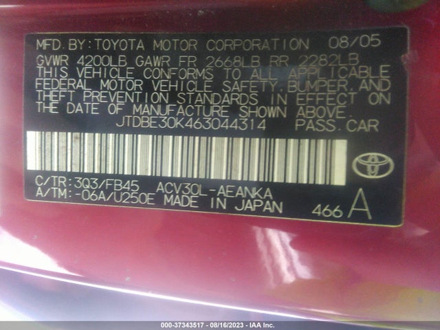 2006 TOYOTA CAMRY STD/LE/SE/XLE VIN: JTDBE30K463044314