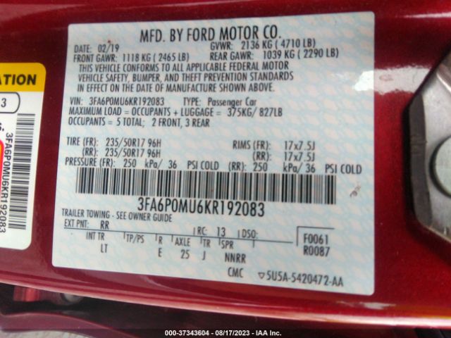 3FA6P0MU6KR192083 Ford Fusion Hybrid Sel