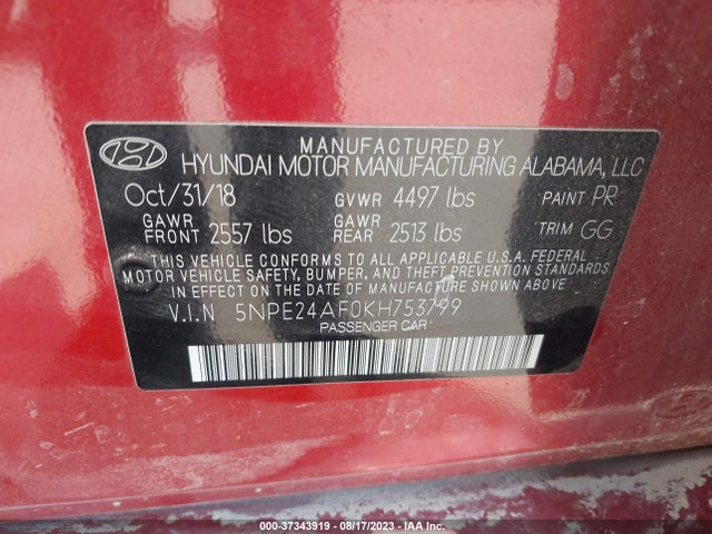 2019 HYUNDAI SONATA SE VIN: 5NPE24AF0KH753799