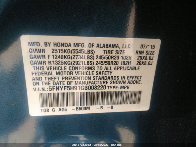 Honda Pilot Touring 2016 5FNYF5H91GB008220 Image 9